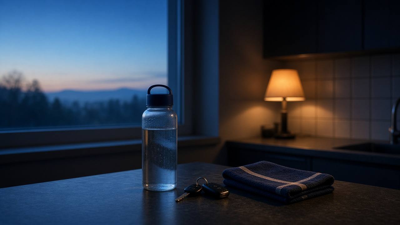 A quiet kitchen counter before dawn with a water bottle, car keys, and a folded towel set out for the morning.